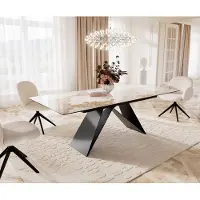 DELIFE Eetkamertafel Edge 180-220x100 keramiek Minas Melange wit-beige V-frame vlak staal zwart uitschuifbaar