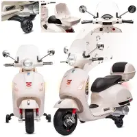Sun baby Vespa Elektrische Kinderscooter, kindermotorfiets met plastic wielen en stoel, kofferbak, MP3-speler, USD MicroSD AUX-aansluiting (Wit)