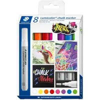 Staedtler Krijtmarker Lumocolor, ronde punt, lijndikte 2.4 mm, voor gladde oppervlakken, vloeibaar op waterbasis, set van 8 geassorteerde kleuren