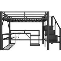 OKWISH Hoogslaper 140x200cm – Met Bureau Met Usb Aansluiting – Led Lichtstrip Met App Bediening – Trap Met Opbergruimte – Metaal En MDF – Zonder Matras – Zwart