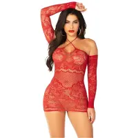 Leg avenue - ROOD OFF THE SHOULDER LANGE MOUWEN VISNET MINIJURK