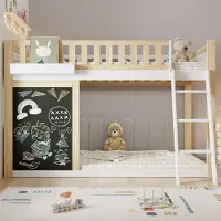 Merax Hoogslaper 90x200cm - kinderbed - met een klein schoolbord - met opbergdozen - verstelbare opbergruimte onder het bed - houtkleur - zonder matras