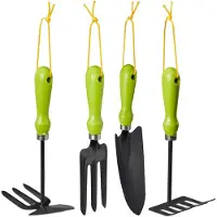 Relaxdays Tuingereedschapset, 4-delig, bestaande uit: bloemlepel, kleine hark, dubbele grashak, bloemvork. Tuingereedschapset, ijzer, groen