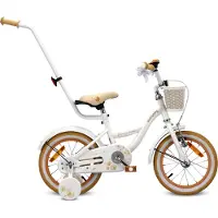 Sun baby Flower Bike Fiets voor een meisje van 4 tot 6 jaar, 14 inch Wit Beig, met fietsbel, zijwieltjes, duwstang en stuurmandje