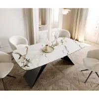DELIFE Eetkamertafel Edge Boot 200x100 keramiek Calacatta Luxe wit-goud-grijs V-frame vlak staal zwart