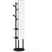 MODFU Staande kapstok met spiegel - 40x30x174 cm - 360° draaibaar - Met opbergruimte en haken - Minimalistisch ontwerp - Zwart staal