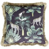 Mars & More kussen fluweel jungle panter zwart gouden franjes 45x45cm*