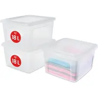 IRIS OHYAMA , kunststof opbergboxen met gebogen deksel en sluitingen, 18 liter, set van 3, inklapbaar, BPA-vrij, geschikt voor kantoor, woonkamer, model MCB-18, kleur: transparant