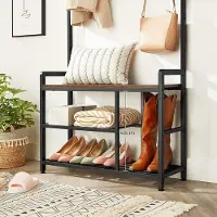Vasagle kapstok, kledingrek, met 8 haken en zitje, 1 roosterplank, in de gang, woonkamer, metalen frame, industriële stijl, vintage bruinzwart HSR088B01