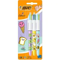 BIC 4 Kleuren Decor Balpen Cute Food Kawaii - Navulbaar voor School en Kantoor - 3 Stuks - Medium Punt 1mm - 8km Schrijfduur