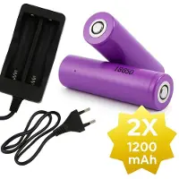 HomeShopXL 2x 1200mAh 18650 3,7V Li-Ion - 18 x 65 mm Cilindrisch - Oplaadbare CR18650 Batterijen met Netstroom Oplader - Universele Lithium-Ion Batterijen met 230V Lader