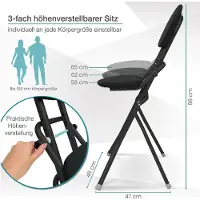 ELONEO Gevoerde Vouwstoel - Antislip, Rugvriendelijke Vouwkruk Hulpmiddel, Ruimtebesparende Opvouwbare Stoel, 3 Verstelbare Hoogtes (58-65cm), 120kg Belastbaar, 45x98x47cm (Zwart)