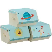 Songmics RLB700Q01 Opbergdoos voor kinderen, 3-delige set, vouwdozen, speelgoedkist met deksel, 38 x 35 x 25 cm, voor kinderkamer, speelgoedkamer, ruimtemotieven, blauw