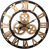 HomeShopXL HSXL Wandklok Industrieel - 60 cm - Stil Quartz uurwerk - Zwart / Goud Hout - Zwarte Wijzers - Romeinse Cijfers