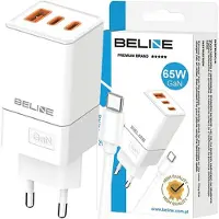 Beline oplader 65W GaN, 2x USB-C + USB-A + USB-C kabel