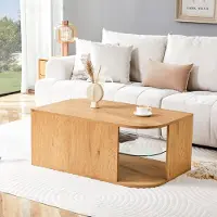 OKWISH Salontafel - Met Dubbele Opbergruimte - Voor Woonkamer En Kleine Ruimtes - MDF En Glas Naturel - 100x60x42 cm
