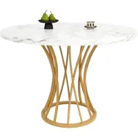 MODFU Ronde Eettafel met Gouden Onderstel – Marmerlook MDF Blad – Geschikt voor Eetkamer – MDF en Metaal – Goud – 80x80x76 cm