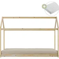 Sunny Zoey Bedhuisje van Hout in Houtkleur | Kinderbed in Huis Vorm Inclusief Hybrid Matras 90x200 (14 cm, Hybrid foam, polyester hoes) | Volledige afmetingen (LxBxH): 206 x 98 x 154 cm