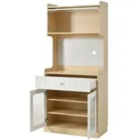 OKWISH Buffetkast – Met Ledverlichting En Geribbeld Glas – 80×40×180 Cm – Verstelbare Planken En Lade – MDF Wit Natuur