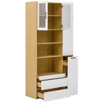 OKWISH Hoge Kast - Verstelbare Planken En 2 Laden - Voor Keuken Woonkamer En Eetkamer - 100x40x200 cm - MDF - Wit+Naturel