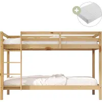 Sunny Jip Stapelbed van Hout in Houtkleur | Kinderbed Inclusief 2 Hybrid Matrassen 90x200 (14 cm, Hybrid foam, polyester hoes) | Volledige afmetingen (LxBxH): 208 x 97 x 140 cm