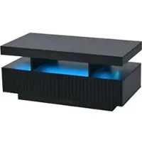 OKWISH Salontafel – Serie Modern – 2 Laden – Met LED (App) – Open Midden – Verticaal Ribbelpatroon – Spaanplaat Zwart – Draagkracht 30 kg – 100x50x45 cm