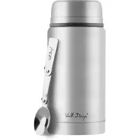 Vialli Design - Fuori - Lunch/Diner/Travel thermosfles met opvouwbare lepel - 750 mL - Zilver/RVS - Stainless steel (18/8) - Warm 12 uur - Koud 16 uur - Lichtgewicht