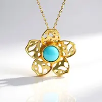 Cavill - Zilveren Halsketting 925 Sterling Zilver Verguld - Ronde Sleeping Beauty Turkoois 1,26 ct - Filigraan Bloemdesign - 45,72 cm