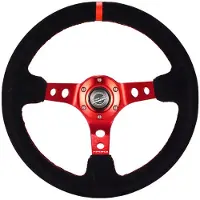 Nrg Reinforced Steering Wheel (350mm / 3in. Deep) Blk Leather/Red Stitch w/Red Spoke