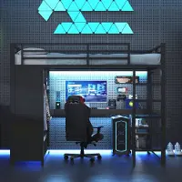 Merax 140x200 hoogslaper - met LED-verlichting - bureau - open kledingkast en opbergvakken - zwart