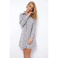Aruelle Dames nachthemd Stacy-geruit-lange mouw-klassieke kraag-100% katoen-grijs/wit-maat S