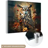 MuchoWow Glasschilderij 160x120 cm - Schilderij acrylglas - Uil - Vogel - Bloemen - Planten - Botanisch - Foto op glas - Muurdecoratie woonkamer - Wanddecoratie slaapkamer - Schilderijen