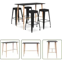 The Living Store Bartafel - Barstoel - 5-delige Barset zwart - Eetkamerset - Lounge Meubels - Salonmeubel