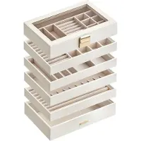 Songmics Sieradendoosje met glazen deksel cadeau-idee, Wit / 6 niveaus (17 x 28 x 25,3 cm)