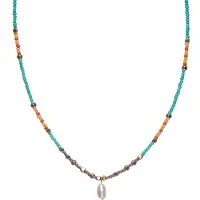CO88 Collection 8CN-26313 Stalen Ketting met Kralen - Dames - Goudkleurig - 3 mm - Turkoois Mix - 2,5 mm - Parel - 15 x 8 mm - Lengte 40 + 5 cm - Multi