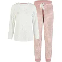 Louise Dames winter pyjama set lang badstof wit/roze gestreept