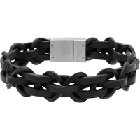 Lucardi - Heren Stainless steel herenarmband gevlochten leer zwart - Armband - Staal - Zilverkleurig - 21 cm