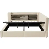 STILVORA Gestoffeerd bed 140x200cm – Tweepersoonsbed Met Hydraulische Opberging & LED – L-vormig Hoofdeinde, Linnen – Beige – Met matras