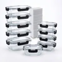 Bardi 10 Delige Glazen Meal Prep Bakjes + 10 Wonderspons – Glazen Vershoudbakjes – Luchtdicht – BPA-vrij – 1060ML + 370ML – Zwarte Clips