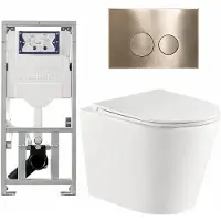 Geberit QeramiQ Dely Toiletset - 36.3x51.7cm - diepspoel - rimless - UP320 inbouwreservoir - met Burda frame - softclose toiletzitting - geborsteld messing bedieningsplaat - ronde knoppen - mat wit