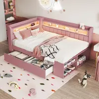 OKWISH Gestoffeerd Bed 90x200 cm - Met USB En Ledverlichting - Met Schoenenkast En 2 Laden - Zonder Matras - Roze