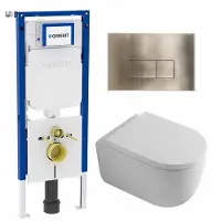 Geberit QeramiQ Dely Swirl Toiletset - 36.3x51.7cm - diepspoel - rimless - UP720 Duofix Sigma inbouwreservoir - 35mm zitting - geborsteld messing bedieningsplaat - rechtehoekige knoppen - mat wit