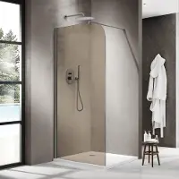 FortiFura Galeria Inloopdouche - 90x200cm - afgeronde glaswand - rook glas - wandarm - PVD - geborsteld gunmetal (antraciet) SW1418364/SW797907