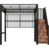 OKWISH Hoogslaper 90x200 cm - Kledingkast En Opbergladder - Ledverlichting En Hangrooster - Zonder Matras - Metaal - Zwart