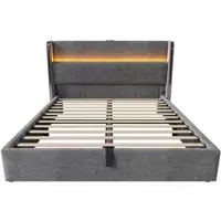 MODFU Bedframe – 140x200 cm – Met hoog hoofdbord, LED & matras – Grijs linnen