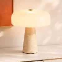 LumenXL Tafellamp Marlo met witte glazen kap en travertin (natuursteen)