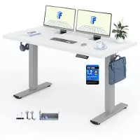 FlexiSpot EN1, verstelbaar bureau op hoogte, 140x80 cm, draagvermogen 100 kg, met anti-botsingsbescherming, één delig tafelblad, 4 geheugenfuncties (wit)