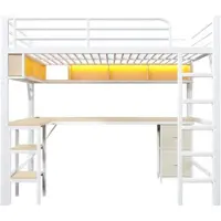 OKWISH Hoogslaper 140x200 Cm – Met Bureau En Boekenkast – Met Led Verlichting En Oplaadstation – Met Opbergruimte – Metaal En MDF – Zonder Matras – Wit