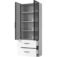 OKWISH Vitrinekast Met LED Verlichting - 2 Glazen Deuren En 2 Lades - Multifunctionele Opbergkast - Wit - 60x40x160 cm