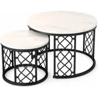 OKWISH Tweedelige Salontafelset - Moderne Bijzettafels Voor Woonkamer - Marmerlook MDF Blad - Zwart Frame Wit